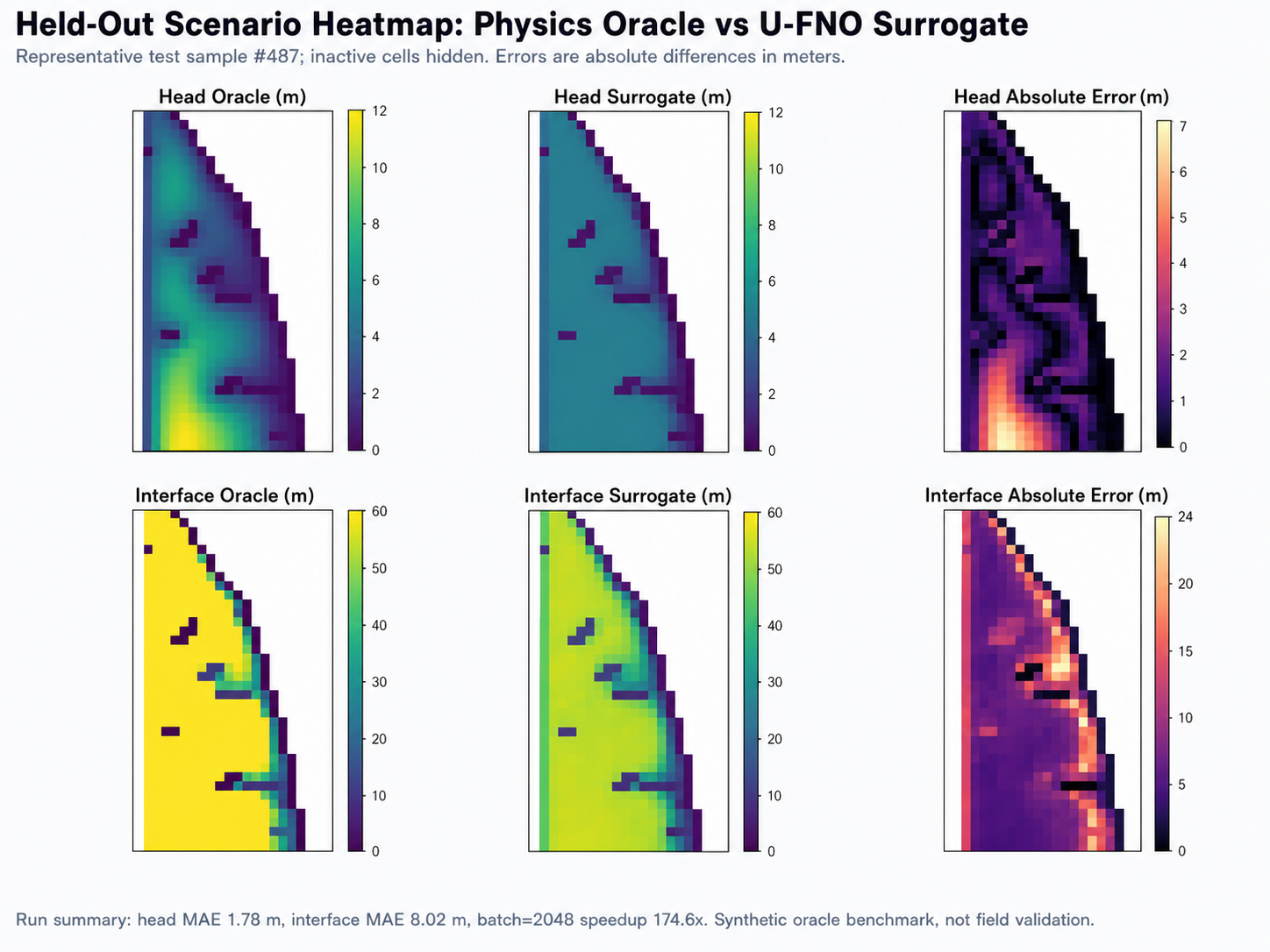 U-FNO held-out comparison heatmap showing synthetic physics oracle, surrogate prediction, and absolute error.